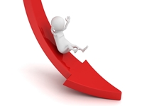 A person sliding down a red arrow