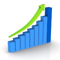 Picture of a blue vertical bar graph rising over time, with a green arrow above the top of the columns, accentuating the upward movement of the graph.