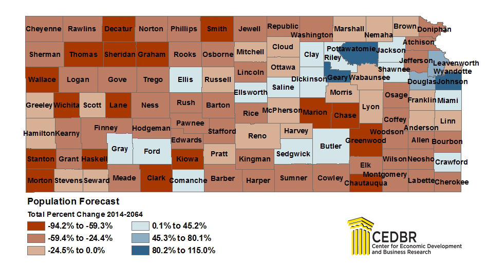 Kansas Population Forecast Map - Total Change from 2014 to 2064
